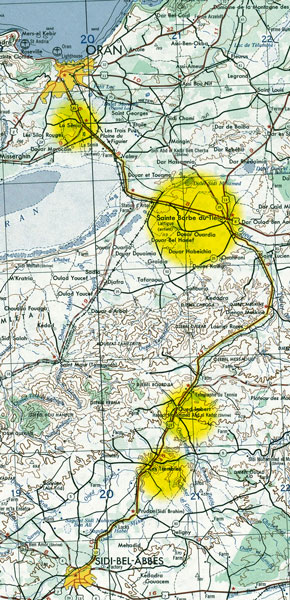 carte indiquant le trajet Sidi-bel-Abbès-Oran et les lieux cités dans ces pages