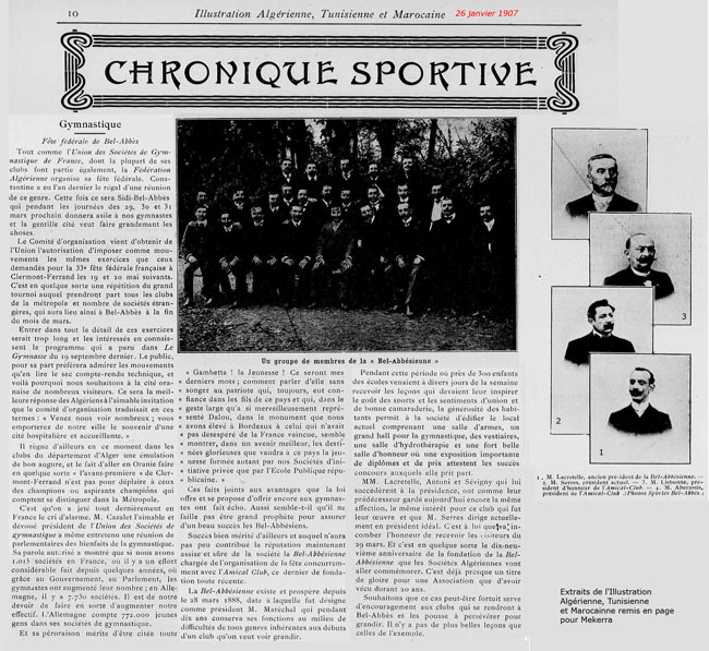 Fête fédérale de Gymnastique de Sidi-bel-Abbès en 1907, annonce du 26 janvier