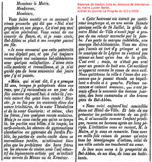 Allocution de Gaston Julia en réponse à Lucien Bellat